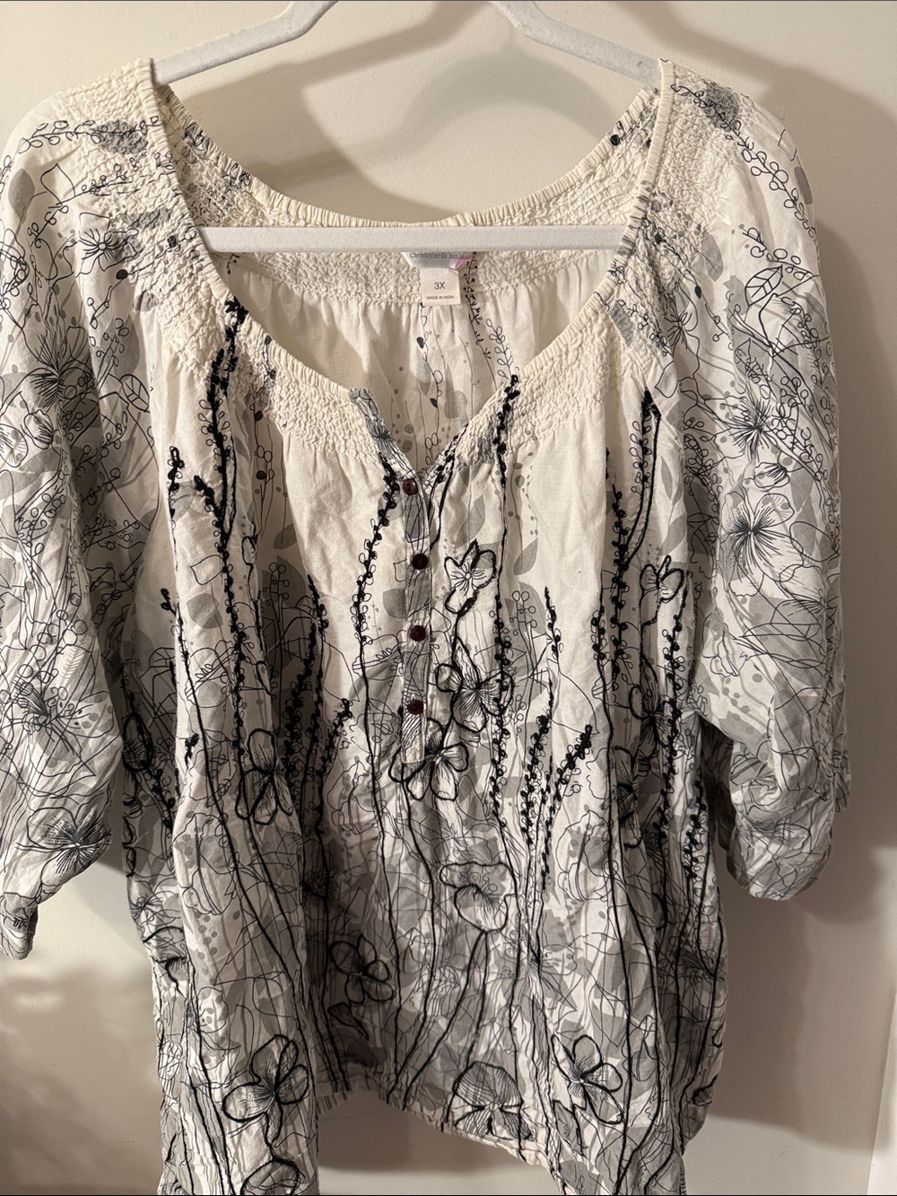 Christopher & Banks White Blouse with Black Floral Print and embroidery 3X